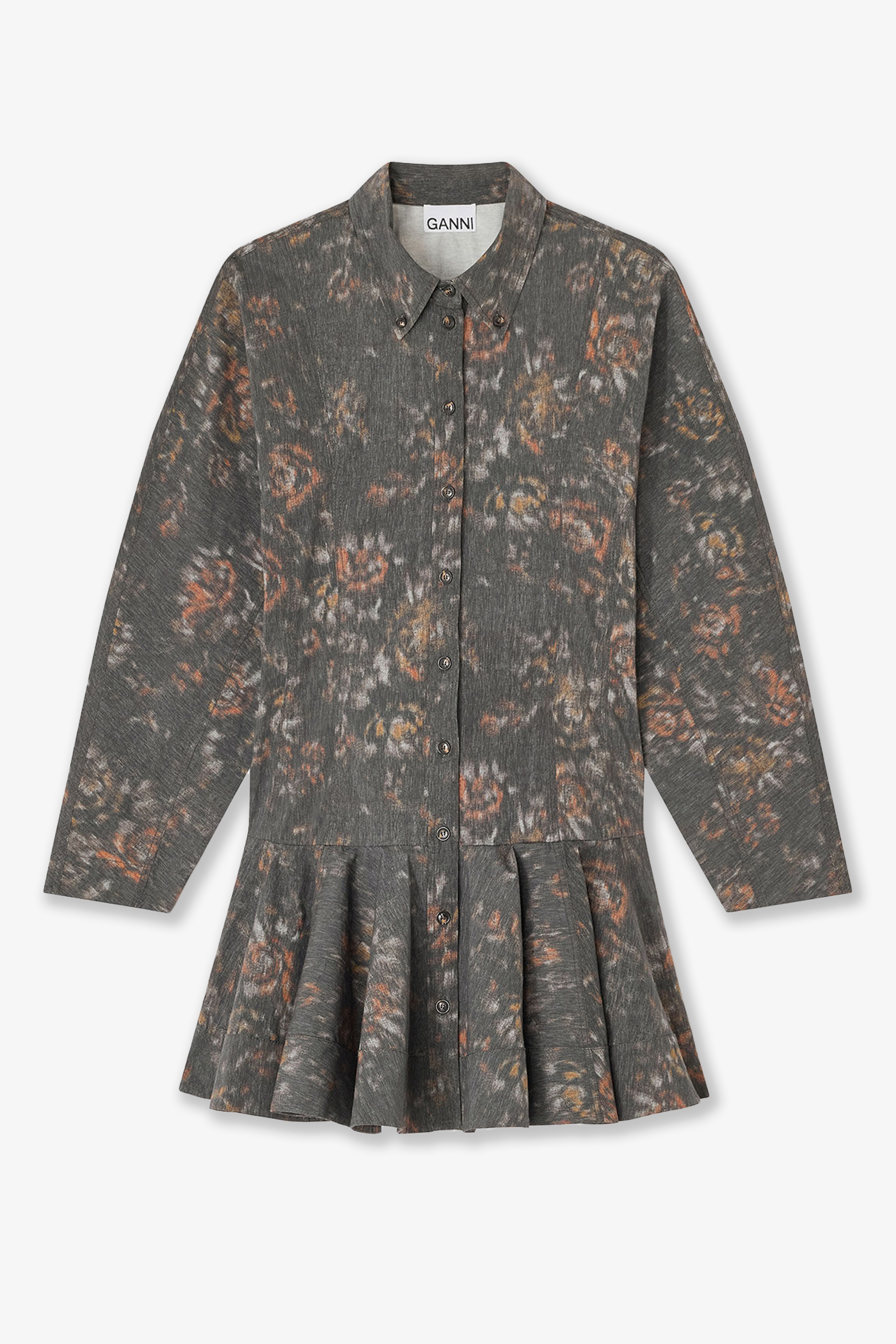 Ganni | Printed Stretch Cotton Buttoned Mini Dress